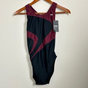 TYR Alliance T-Splice Maxback Swimsuit Womens 36(L) Black Burgundy Athletic NWT
